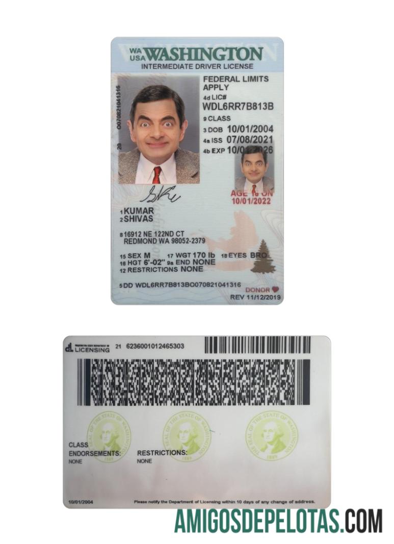 Carta de condução intermediária para menores de 21 anos em Washington, EUA amostra